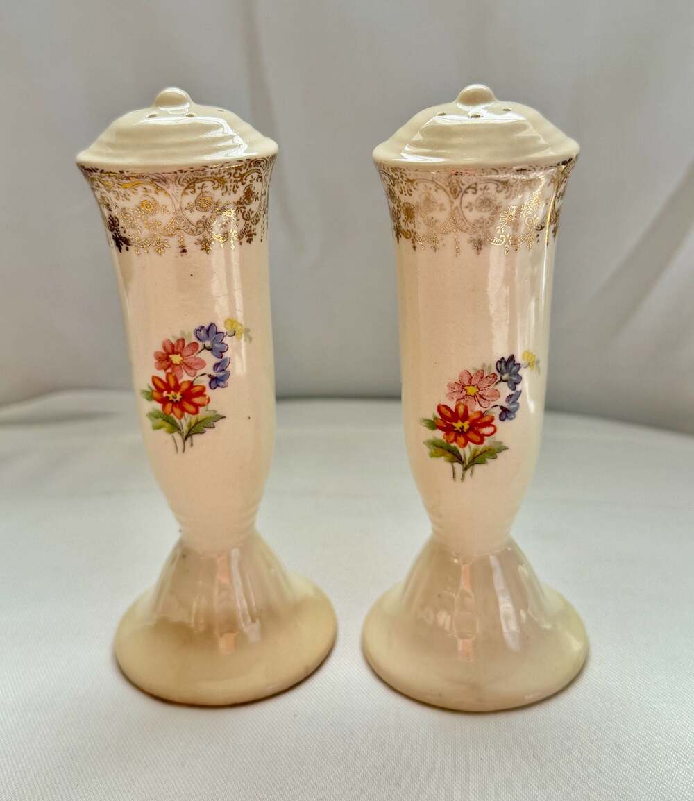 Vintage Tall Pedestal Floral Salt and Pepper Shakers with Gold Rim